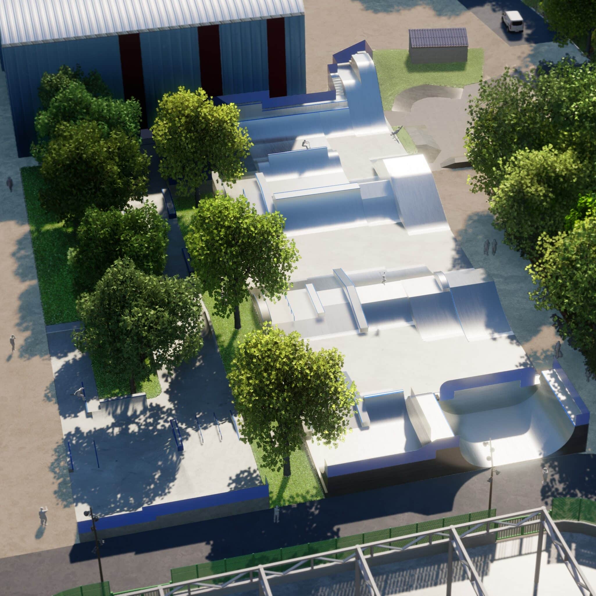 Vue 3D du skatepark de Gap, conçu par Evolving Skatepark, image de couverture