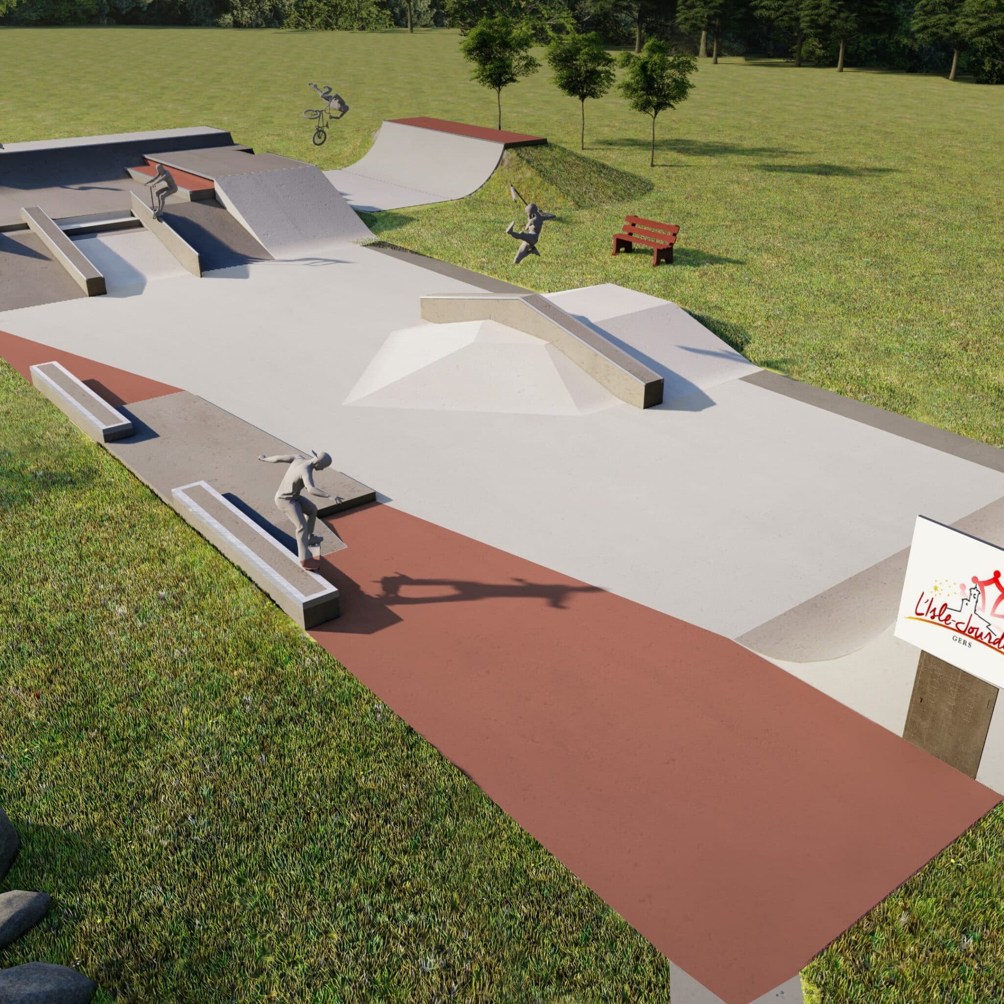 Vue 3D style drone du skatepark de L'Isles Jourdain, by Evolving Skatepark