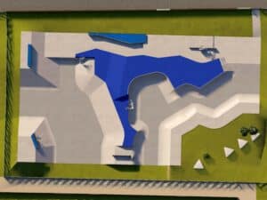 Vue aérienne 3D du bowl de Laon, une conception Evolving Skatepark
