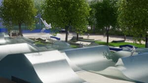 Vue 3D du skatepark de Gap, conçu par Evolving Skatepark
